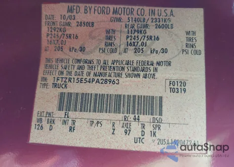 2004 Ford Ranger Xlt из США, поврежденный, VIN 1FTZR15E54PA28963